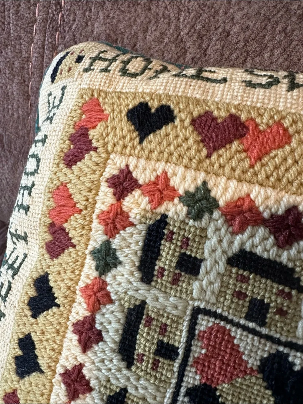 Vintage 1983 Home Sweet Home Cross Stitched Tapestry Pillow Handmade